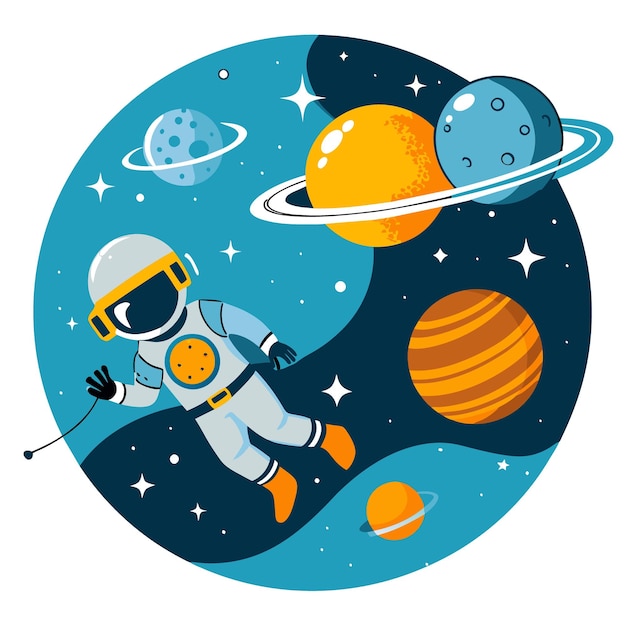 Vector an astronaut with a helmet on and the planets in the space