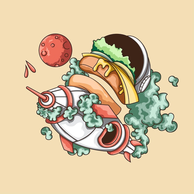 Astronaut with rocket and burger illustration