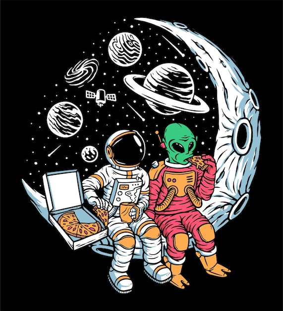 Astronauts and aliens chill together on the moon illustration