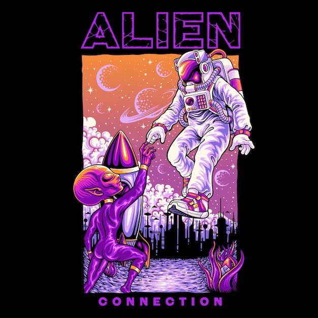 astronauts connect with aliens illustration