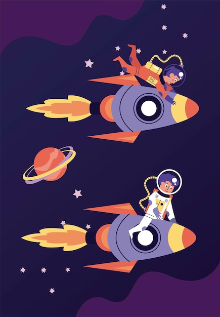 Astronauts couple in rockets space scene illustration