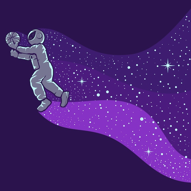 Astronauts playing basketball isolated in purple