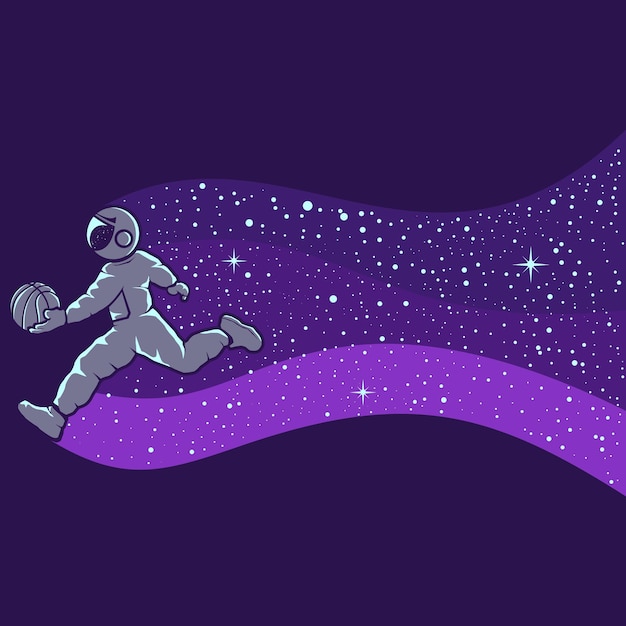 Astronauts playing basketball isolated in purple