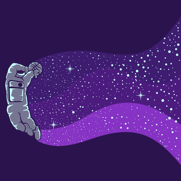 Astronauts playing basketball isolated in purple