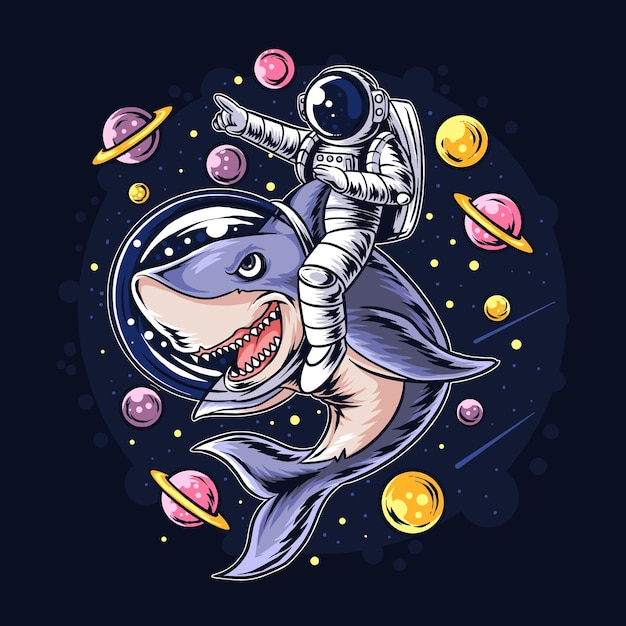 Astronauts ride a shark in space with the planets