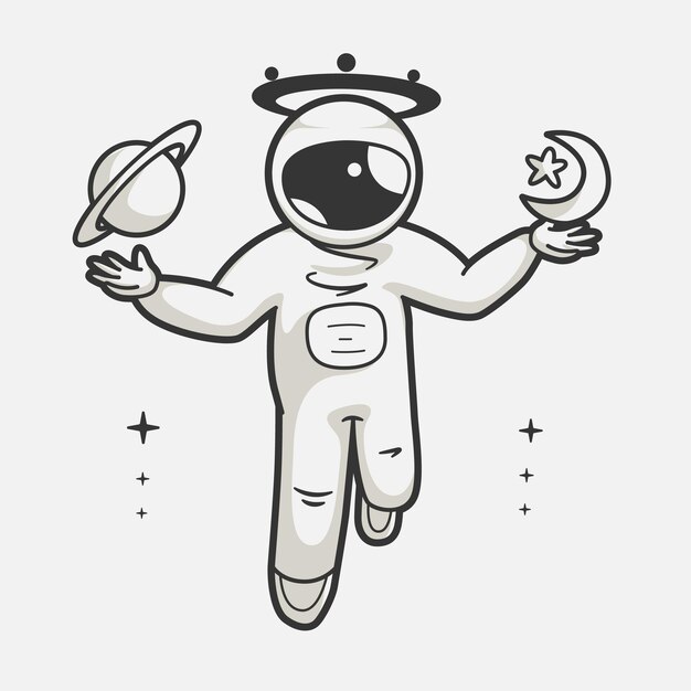 Astronauts supernatural lifting planets in their hands art illustration