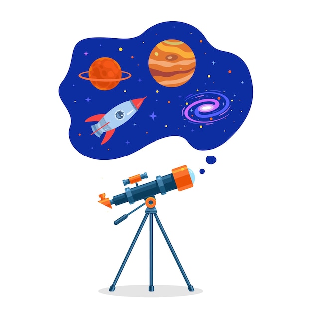 Astronomical telescope tube space galaxy planets and flying rocket Astronomical space