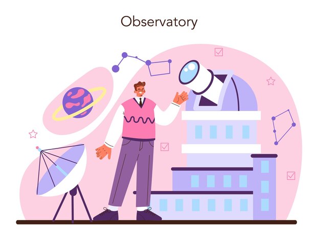 Vector astronomy and astronomer concept. professional scientist looking through