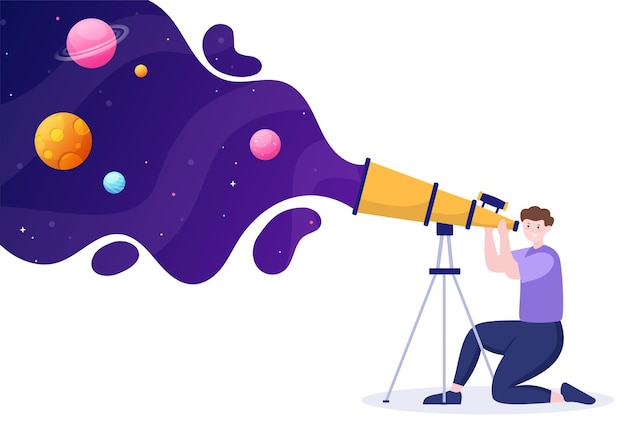 Astronomy Cartoon Illustration with Telescope for Watching Starry Sky, Galaxy and Planets