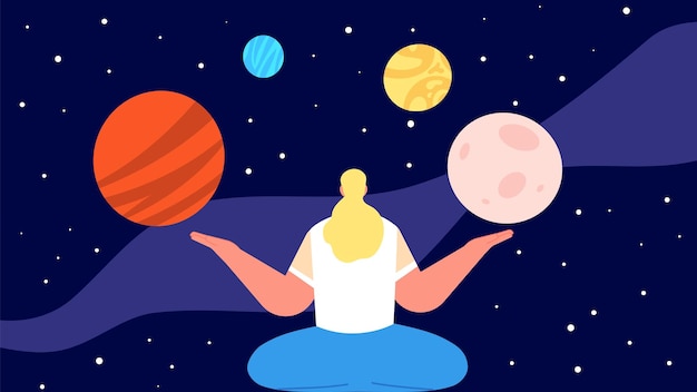 Astronomy concept Meditation on universe woman relaxed Fantasy world girl and planets Night starry sky and female vector concept