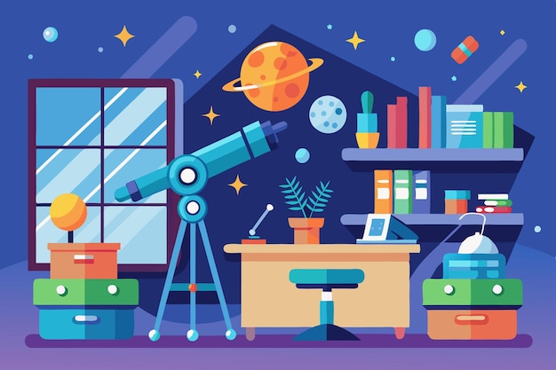 Vector astronomy lab corner with telescope observatory vector illustration in flat style