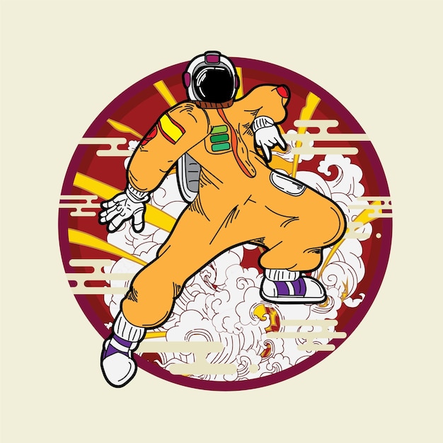 astronout illustration design with japanese style background, logo, labels