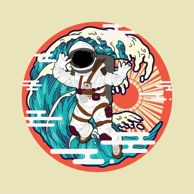 astronout illustration design with japanese style background