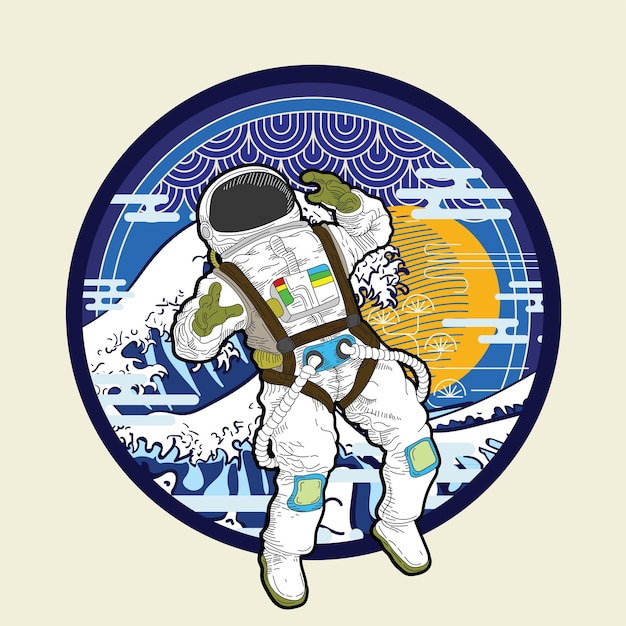 astronout illustration design with retro japanese style background