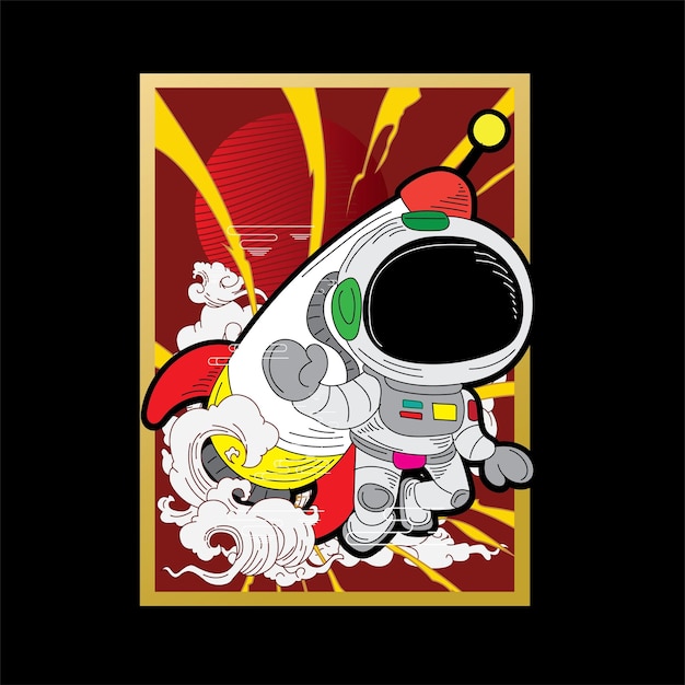 astronout illustration design with retro japanese style background