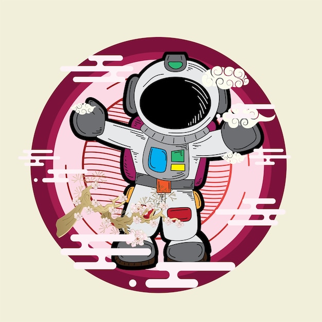 astronout illustration design with retro japanese style background