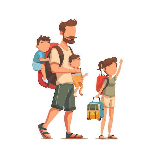 Vector ather carrying his children wearing short sleeves and shorts with backpacks