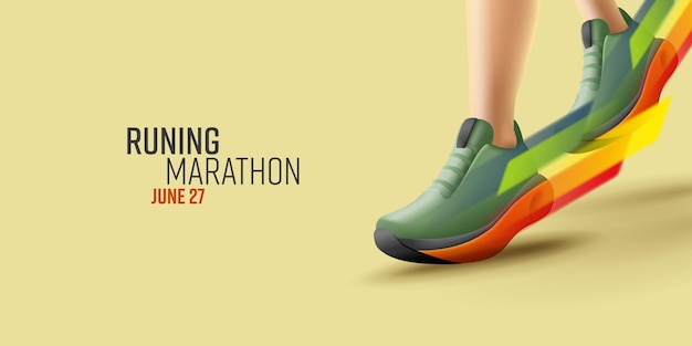 Vector athlete marathon runner feet running in sneakers with big speed closeup illustration 3d render vector poster