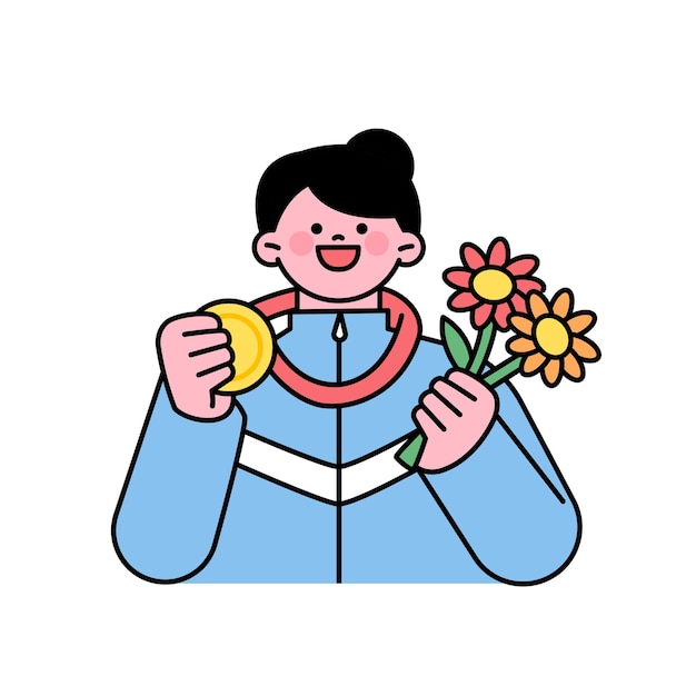 An athlete rejoices with a gold medal around his neck and a flower in one hand