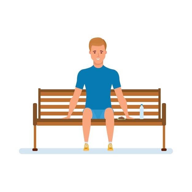 Athlete rests sit on bench in park drinks water relaxes