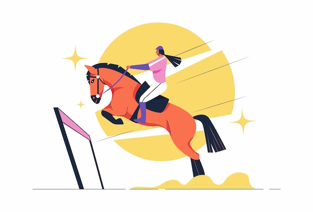 Athlete riding horse in equestrain sport games, sportsman sitting on saddle to riding horse to compettion, in cartoon character illustration