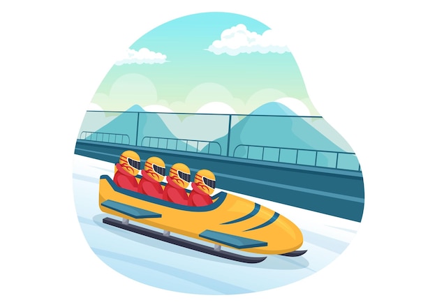 Athlete Riding Sled Bobsleigh Illustration with Snow and Bobsled Track in Winter Sport Activity