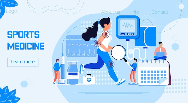 Athlete runs or jogs and tiny physicians treat and research injuries. Sports medicine vector concept for landing page. Sports medical services, doping control, use of stimulants.