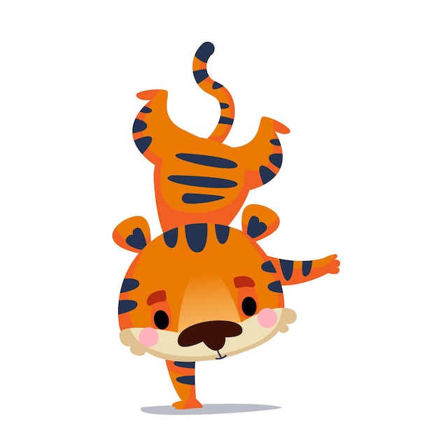 The athlete tiger cub stands on one hand upside down Vector illustration cartoon children s style