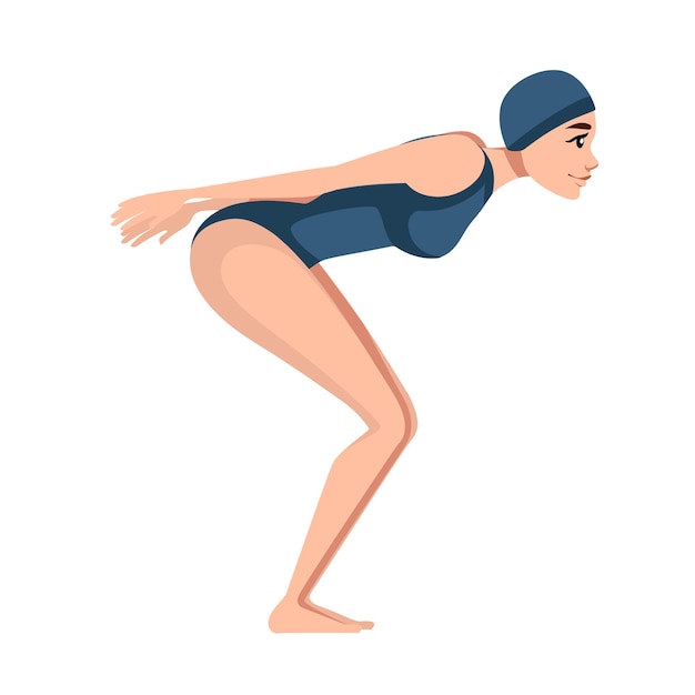 athlete woman in blue swimsuit prepare to jump in water cartoon character illustration 