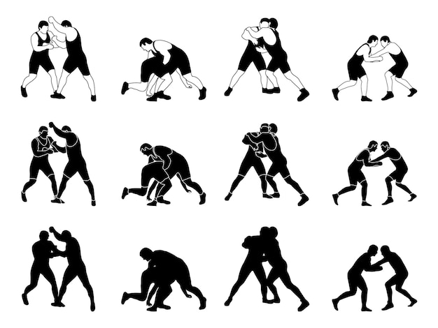 Athlete wrestler in wrestling duel fight Pack silhouettes Greco Roman freestyle classical wrestling