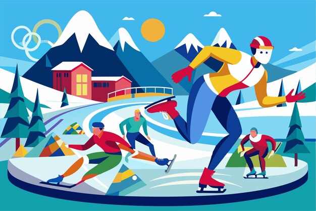 Vector athletes compete in speed skating and other winter sports amidst a vibrant mountain backdrop winter olympics customizable semi flat illustration