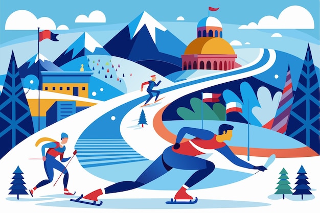 Vector athletes engage in various winter sports amidst snowcovered mountains and a vibrant festive atmosphere winter olympics customizable semi flat illustration