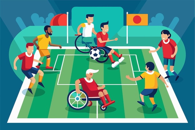 Vector athletes participate in a dynamic paralympic football match showcasing skill and teamwork on the field paralympic football 5aside customizable flat illustration