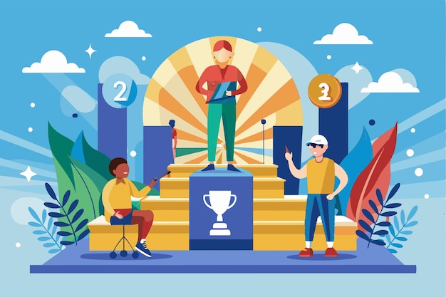 Athletes proudly stand on a podium celebrating their achievements at a Paralympic event Paralympic winners podium Customizable Semi Flat Illustration