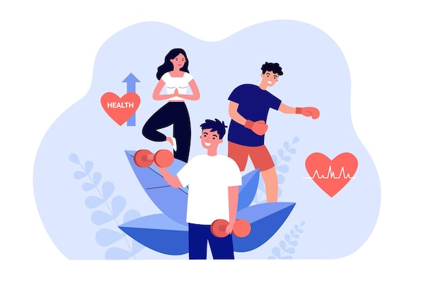 Athletes training heart with physical exercises. People doing yoga, boxing and dumbbell workout flat vector illustration. Sports, activity concept for banner, website design or landing web page