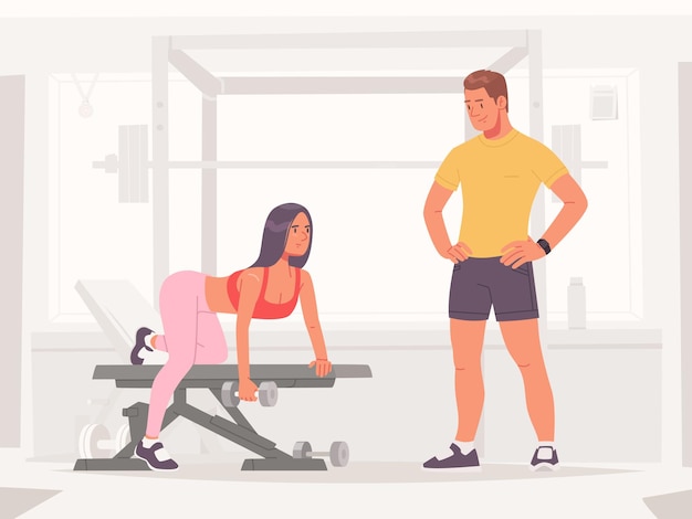 Vector athletic girl doing individual sports training with a trainer in the gym_ai_generated