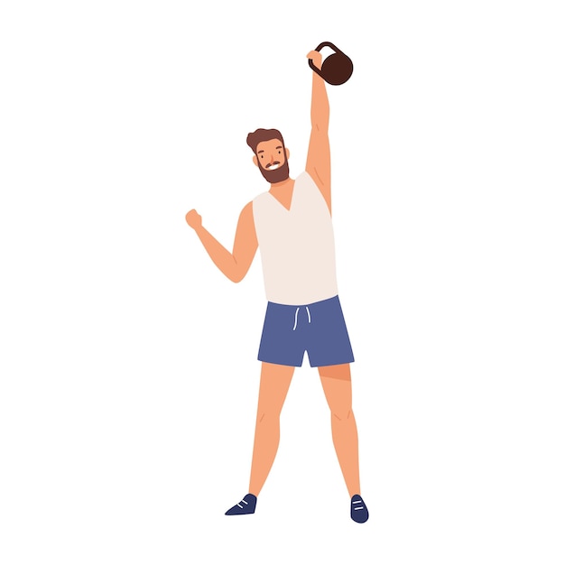 Athletic male lifting kettlebell demonstrate power vector flat illustration. Muscular weightlifter or powerlifter training with heavy equipment isolated on white. Strong sportsman having workout.