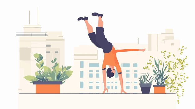 Vector athletic man performing handstand on urban rooftop