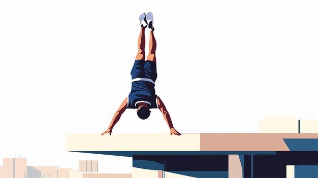 Vector athletic man performing handstand on urban rooftop