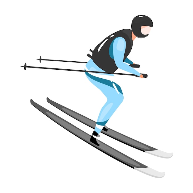 Vector athletic man with skis riding through snow semi flat color vector character