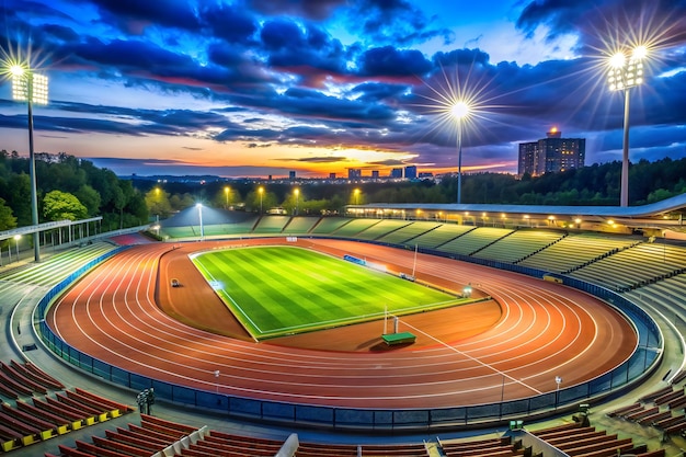 Vector athletics stadium with track and grass field at corner view sport theme render illustration