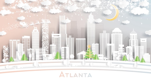 Vector atlanta georgia city skyline in paper cut style with snowflakes moon and neon garland