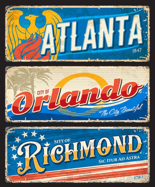 Atlanta Orlando Richmond american cities plates and travel stickers USA city or town retro sticker vintage plate or tin sign American vacation tour postcard banner or grunge vector souvenir card