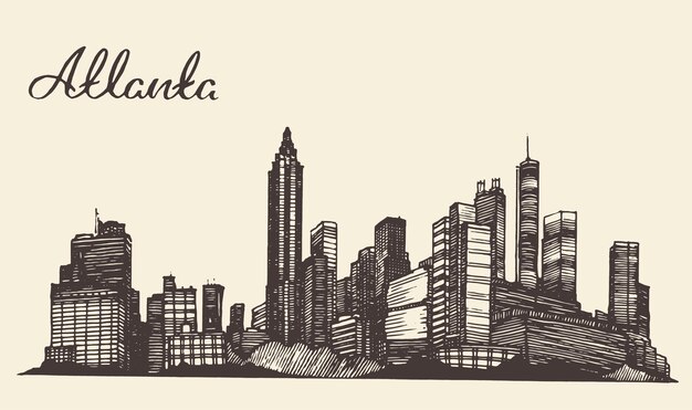 Vector atlanta skyline, vintage engraved illustration, hand drawn, sketch