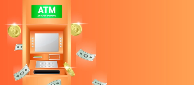 ATM Automated on orange background Teller machine 24 hour Dollar bills pouring and gold coin fall