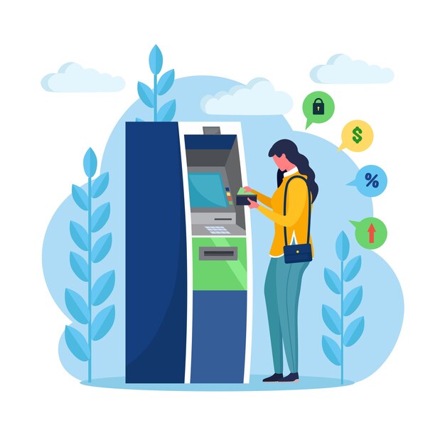 Vector atm bank terminal. woman customer standing near credit card reader machine and withdraw money. cartoon design
