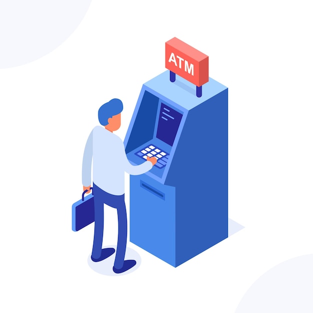 ATM concept. Man standing near ATM machine.