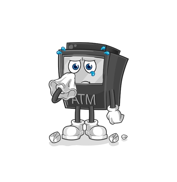 ATM machine cry with a tissue cartoon mascot vector