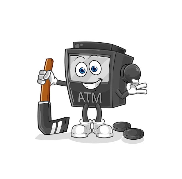 ATM machine playing hockey vector cartoon character