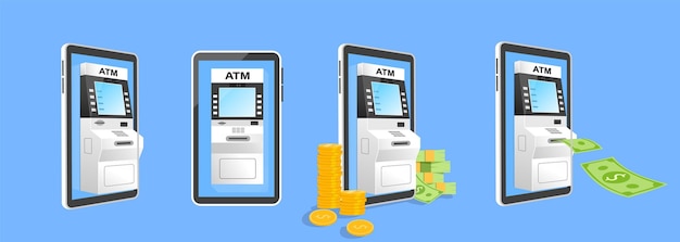 Vector atm machine on smartphone online payment vector isolated set